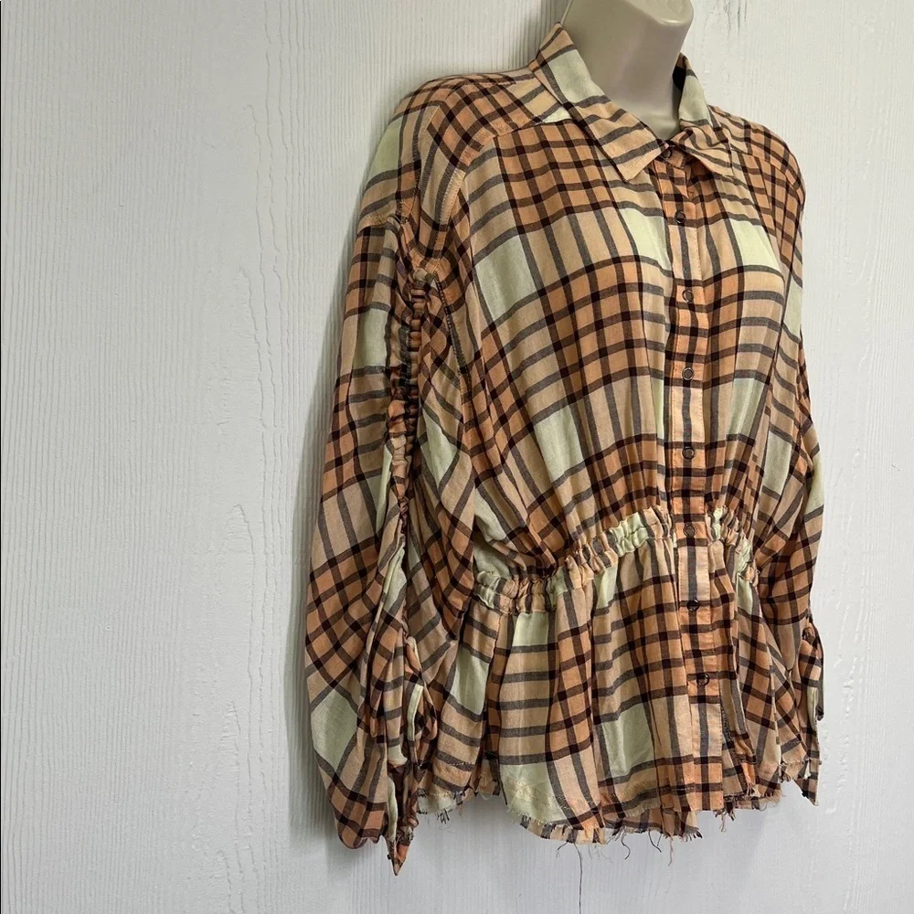 Free People - Pacific Dawn Peach And Cream Plaid Cinched Back Blouse Size Small